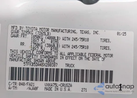 2025 Toyota Tundra Sr 4Wd z USA, uszkodzony, nr VIN 5TFKB5DA4SX280387